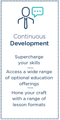 Continuous Development. Supercharge your skills. Access a wide range of optional education offerings. Hone your craft with range of lesson formats.
